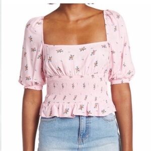 AFRM Smocked Blouse Puff Sleeve Cut Out Back Size Medium Pink Floral New Haley